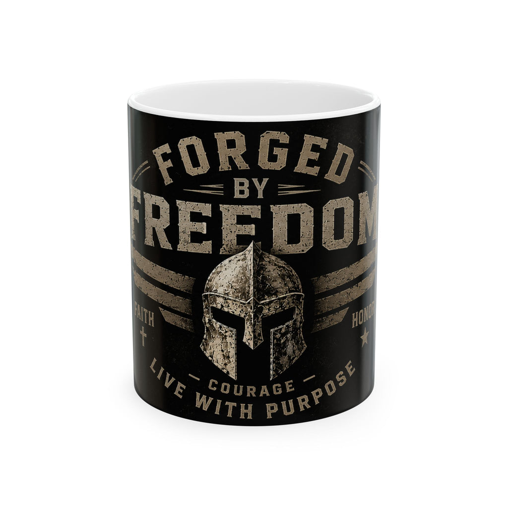 Forged by Freedom Ceramic Mug — Spartan Helmet Courage Coffee Cup (11oz/15oz)