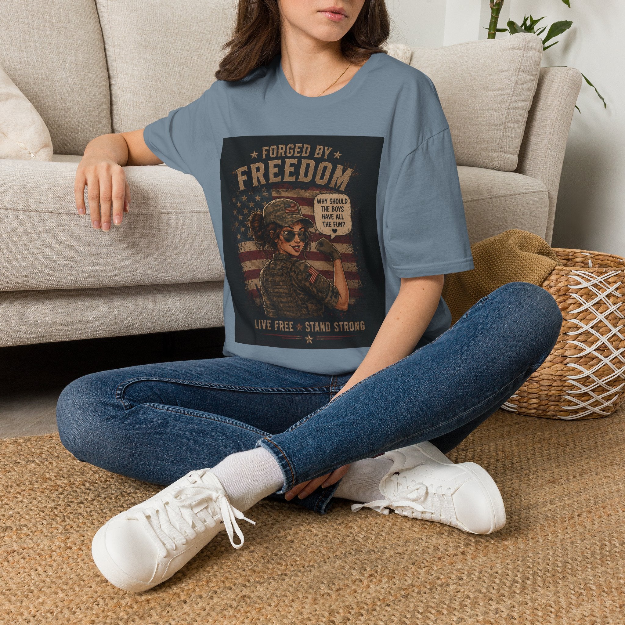Forged by Freedom T-Shirt — Vintage Military Woman 'Why Should the Boys Have All the Fun?'
