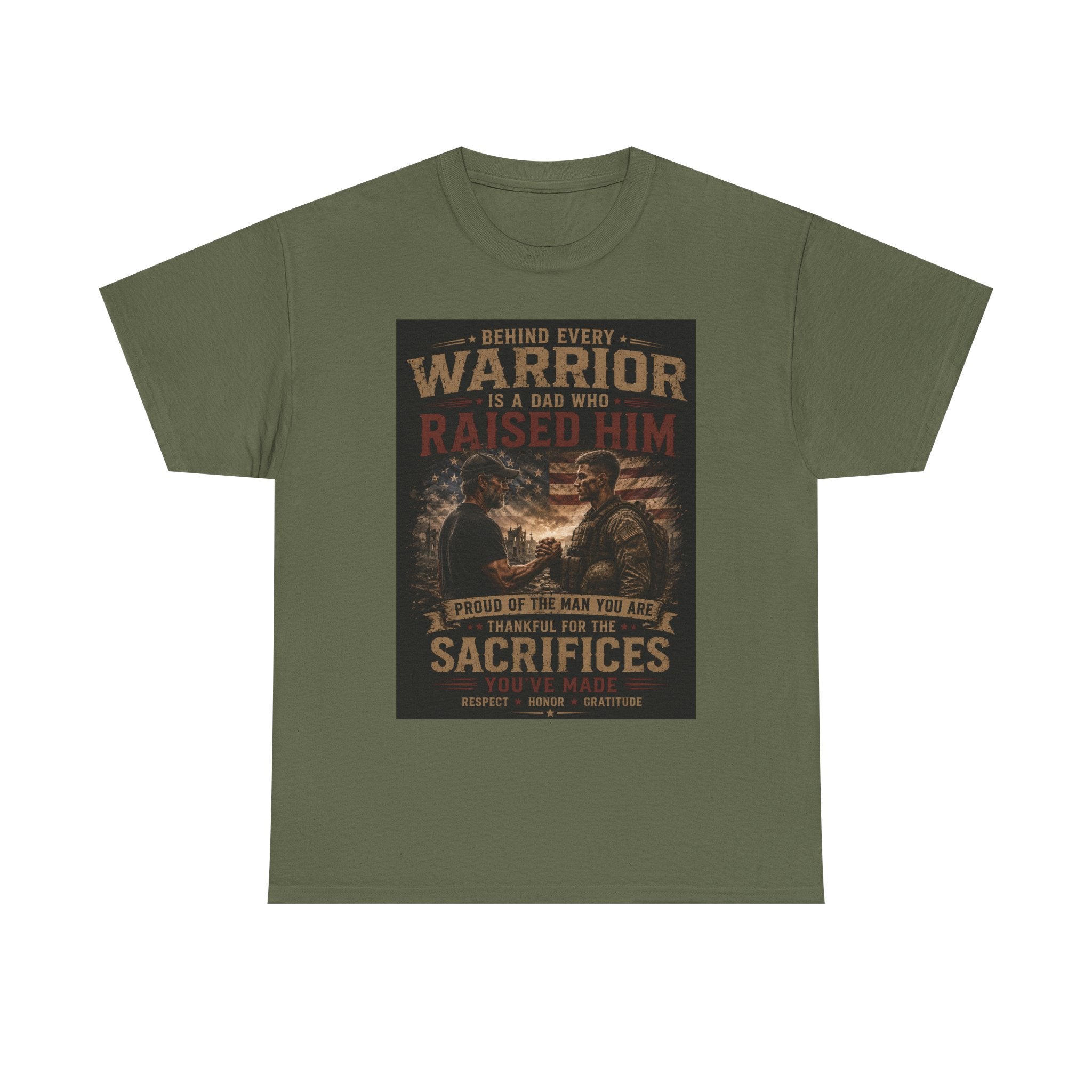 Men's Military Tribute T-Shirt — "Behind Every Warrior Is A Dad Who Raised Him" Patriotic Veteran Dad Tee