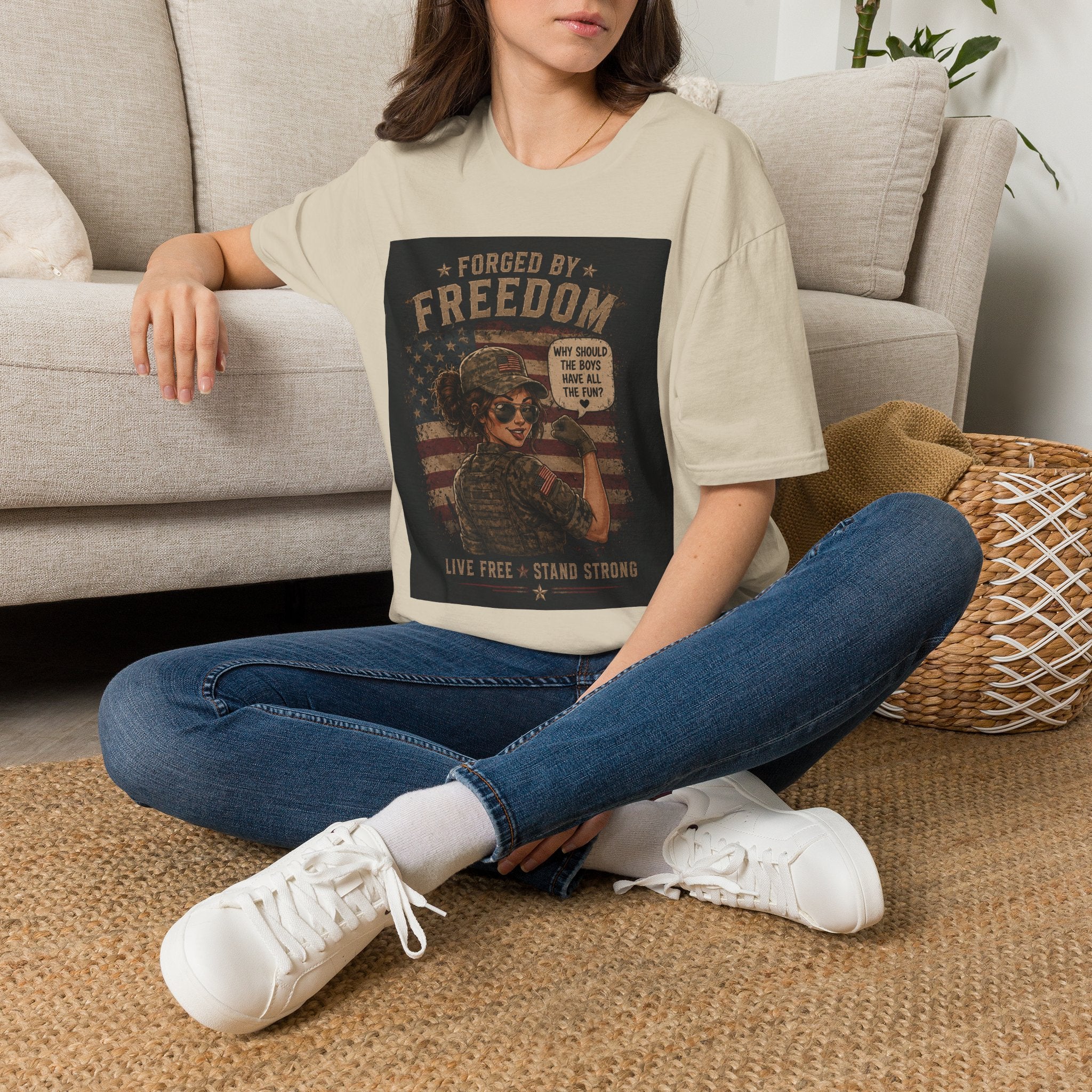 Forged by Freedom T-Shirt — Vintage Military Woman 'Why Should the Boys Have All the Fun?'