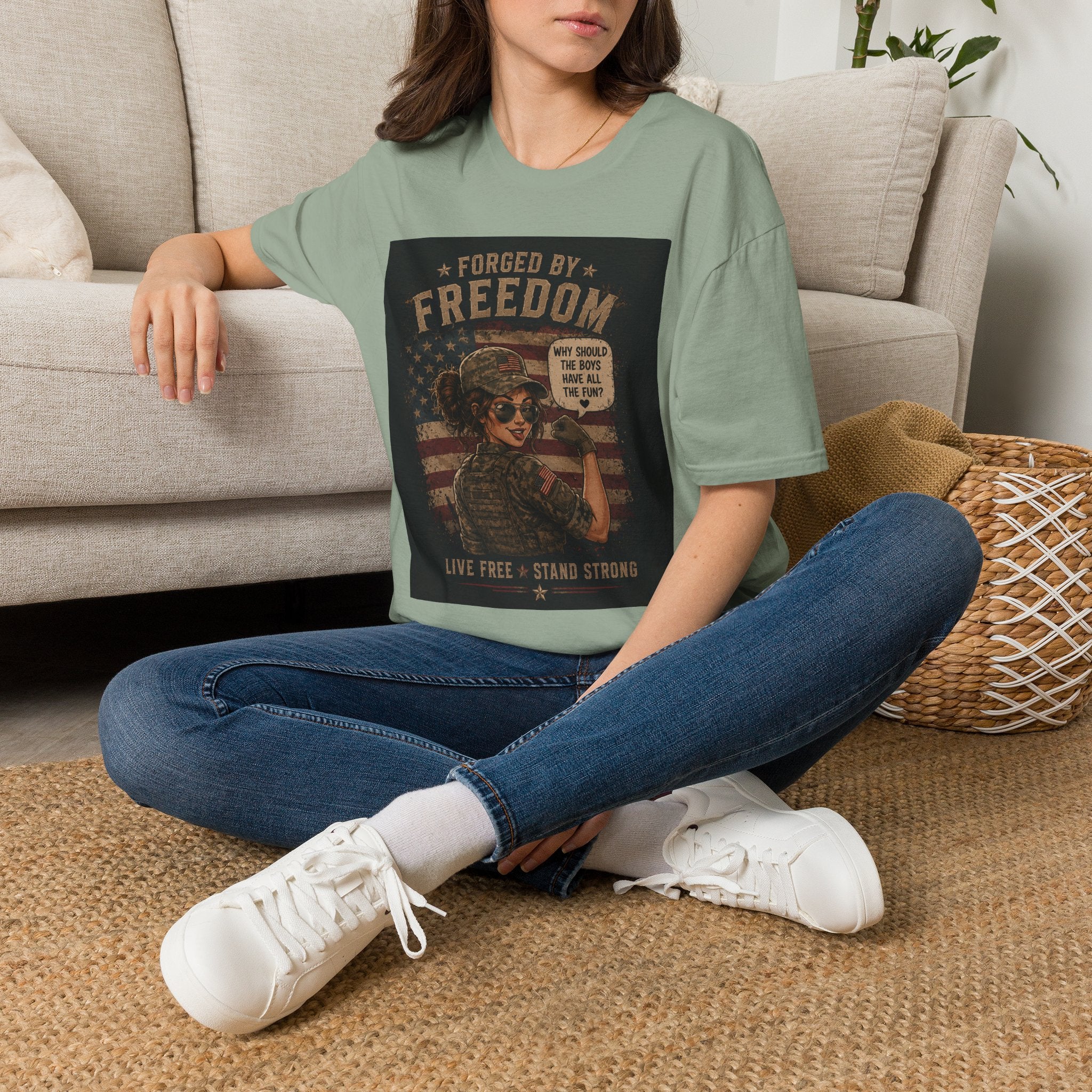Forged by Freedom T-Shirt — Vintage Military Woman 'Why Should the Boys Have All the Fun?'