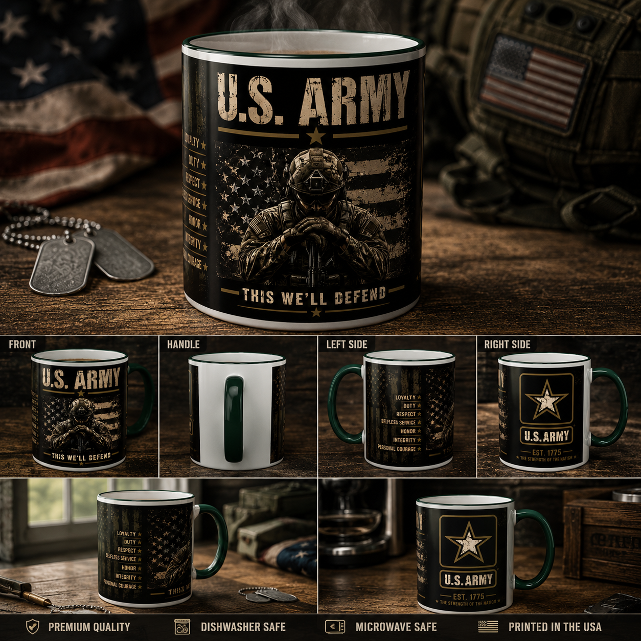 U.S. Army Tribute-Tasse – „This We'll Defend“ mit farbigem Rand und Griff
