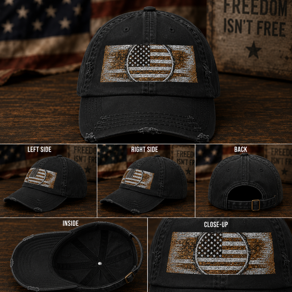 Distressed Embroidered American Flag Dad Hat — Vintage Patriotic Baseball Cap