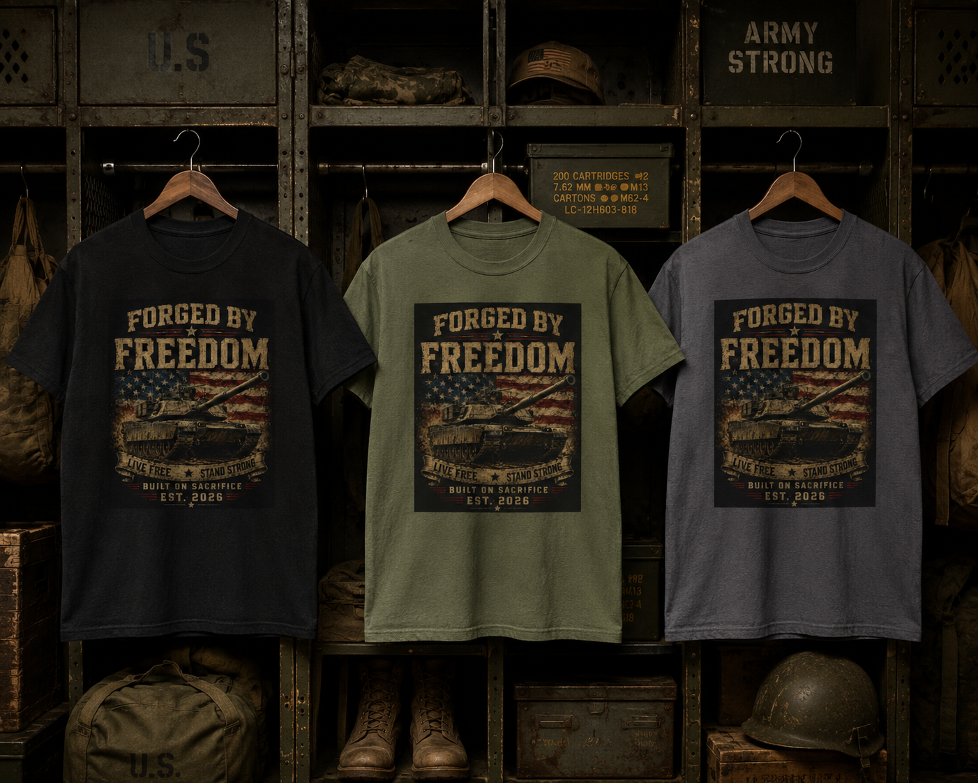 Forged by Freedom T-Shirt — Patriotic Tank & American Flag Tank Top (Military, Veteran Gift)
