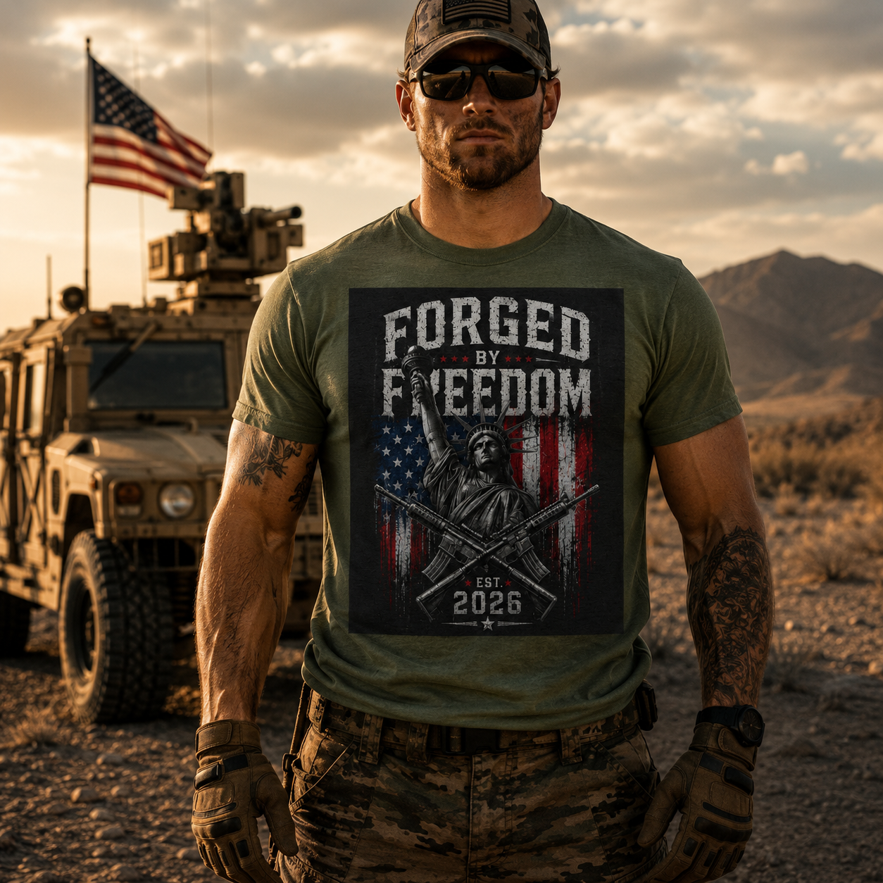 Forged by Freedom T‑Shirt — Patriotic American Flag & Vintage Statue Design (Est. 2026)