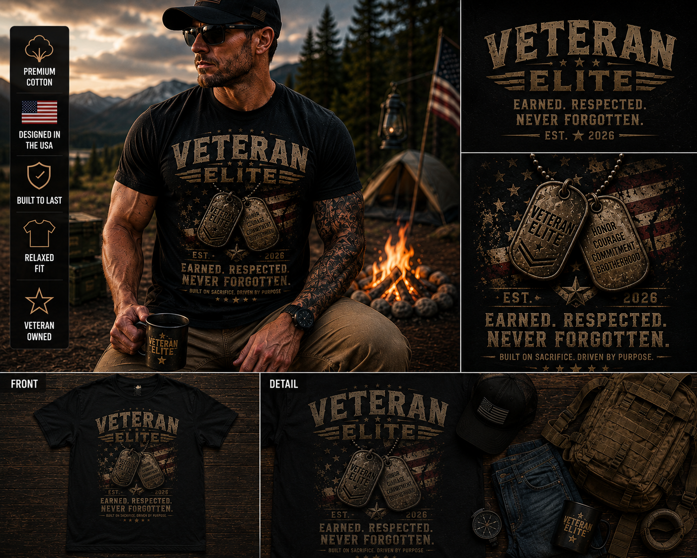 Veteran Elite T‑Shirt — "Earned. Respected. Never Forgotten." Military Tribute Tee