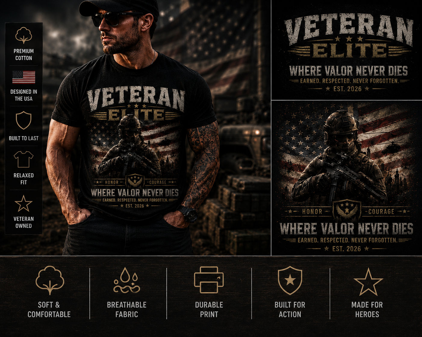 Veteran Elite T-Shirt — "Where Valor Never Dies" Patriotic Military Tee