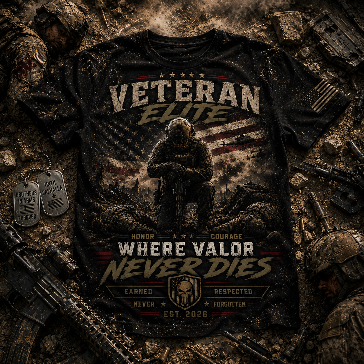 Veteran Elite T-Shirt – 'Where Valor Never Dies' Patriotic Military Tee