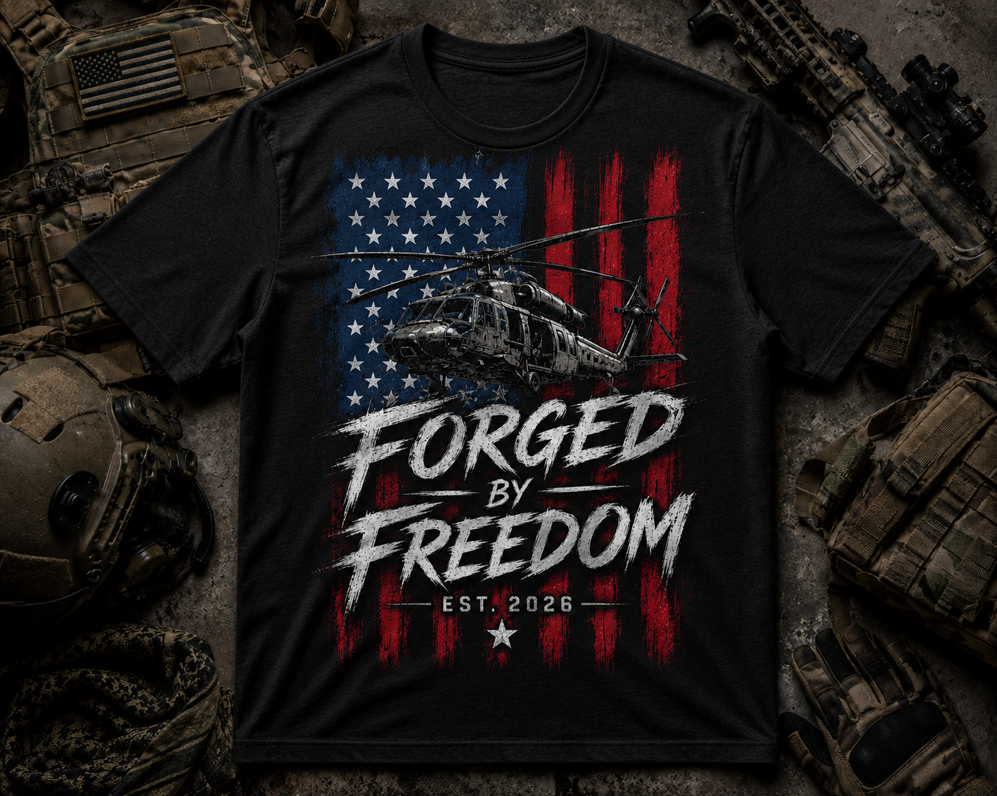 Forged by Freedom Military Helicopter T-Shirt - American Flag Patriotic Tee