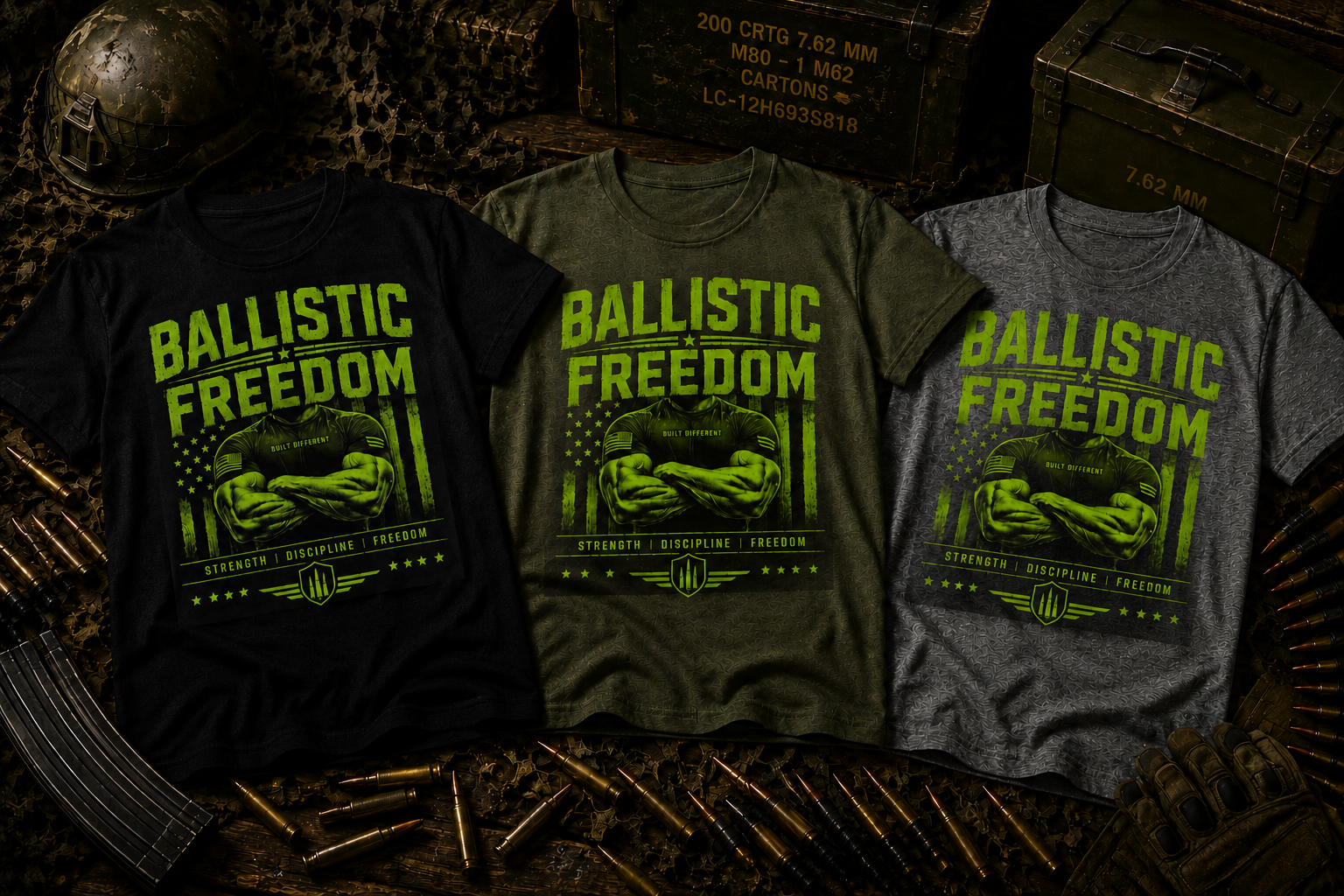 Ballistic Freedom T‑Shirt — American Flag, Rifle Graphic & 'Ballistic Freedom' Text