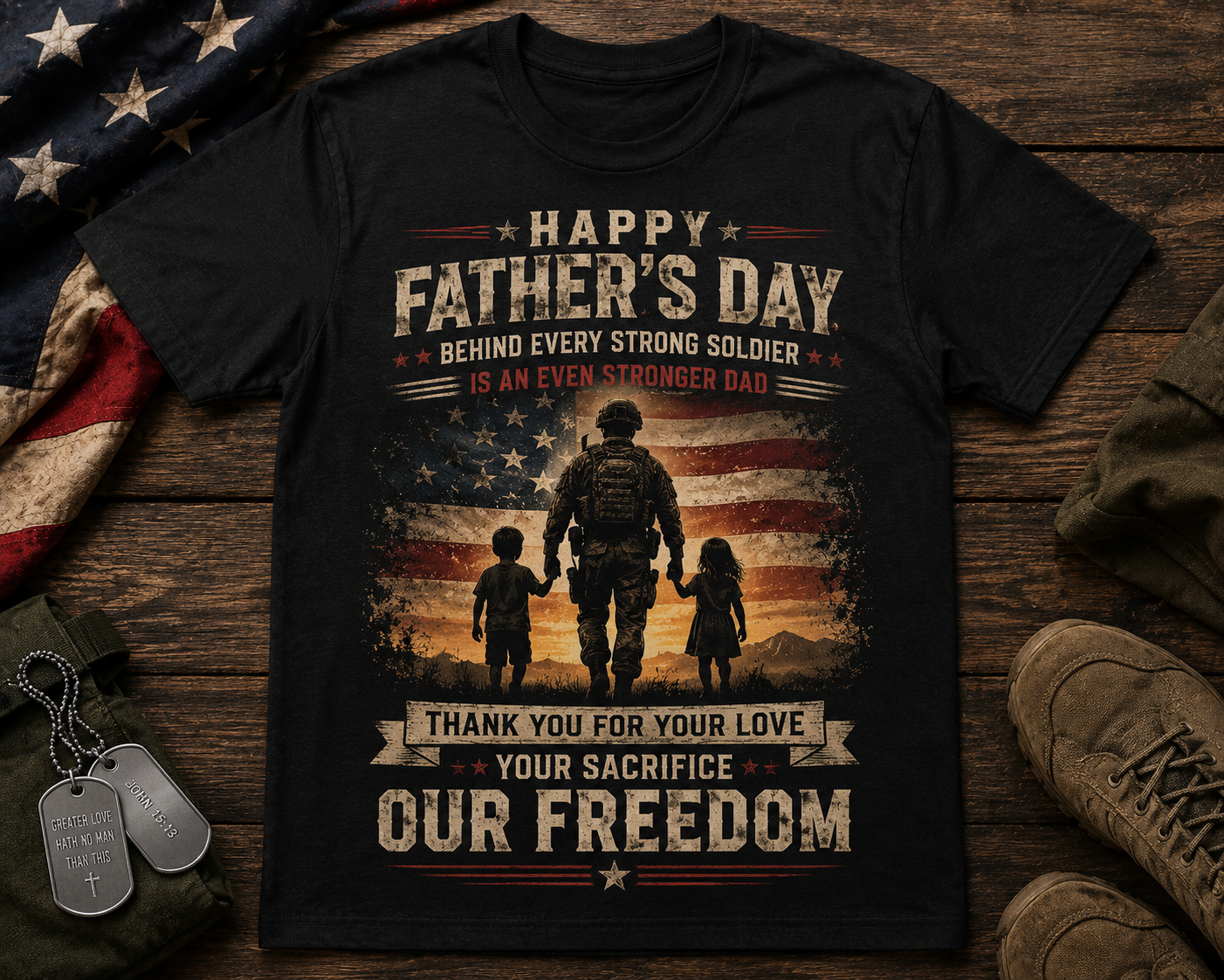 Father's Day Military T-Shirt - "Happy Father's Day Behind Every Strong Soldier" Patriotic Tee