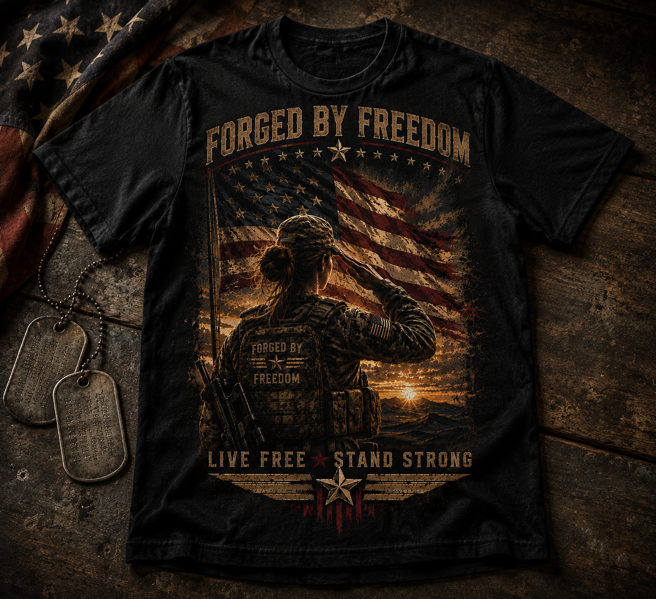 Forged by Freedom T-Shirt — Patriotic American Flag & Eagle Veteran Tribute
