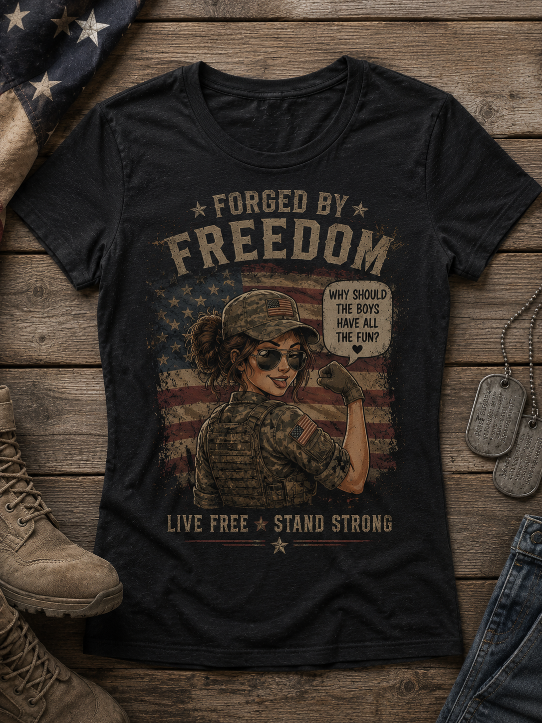 Forged by Freedom T-Shirt — Vintage Military Woman 'Why Should the Boys Have All the Fun?'