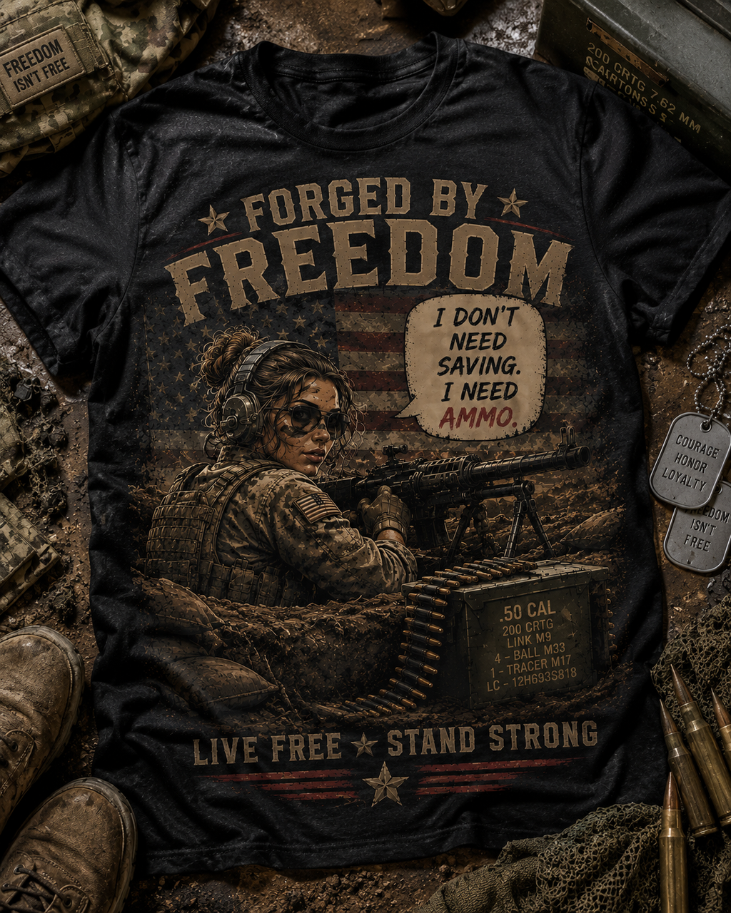 Forged by Freedom-Military Ammo Patriotic Tee (I Don't Need Saving, I Need Ammo)