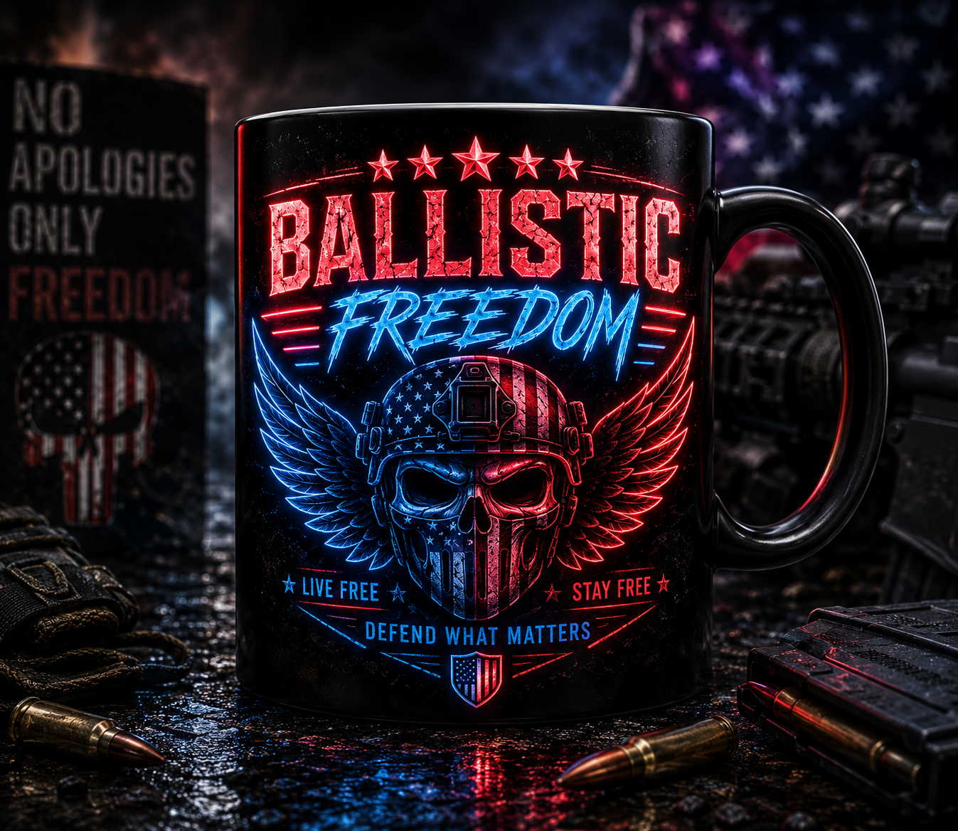 Ballistic Freedom Ceramic Mug – Patriotic Skull & Wings 11oz/15oz