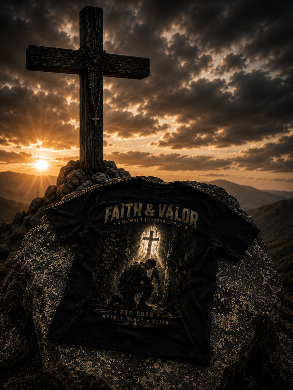 Faith & Valor T-Shirt — Christian Cross Graphic Tee for Men & Women