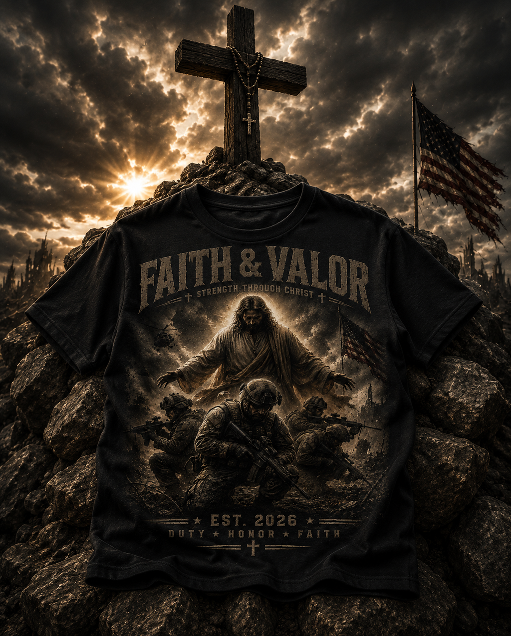 Faith & Valor Graphic Tee — Vintage Warrior Eagle Design