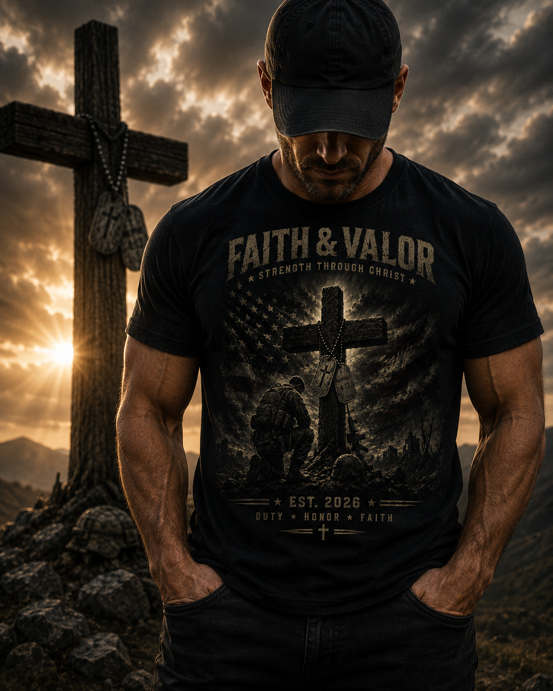 Faith & Valor T‑Shirt — Vintage Church Cross Christian Graphic Tee