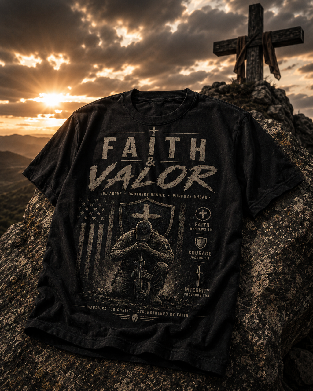 Faith & Valor T‑Shirt — Military Cross Prayer Graphic Tee