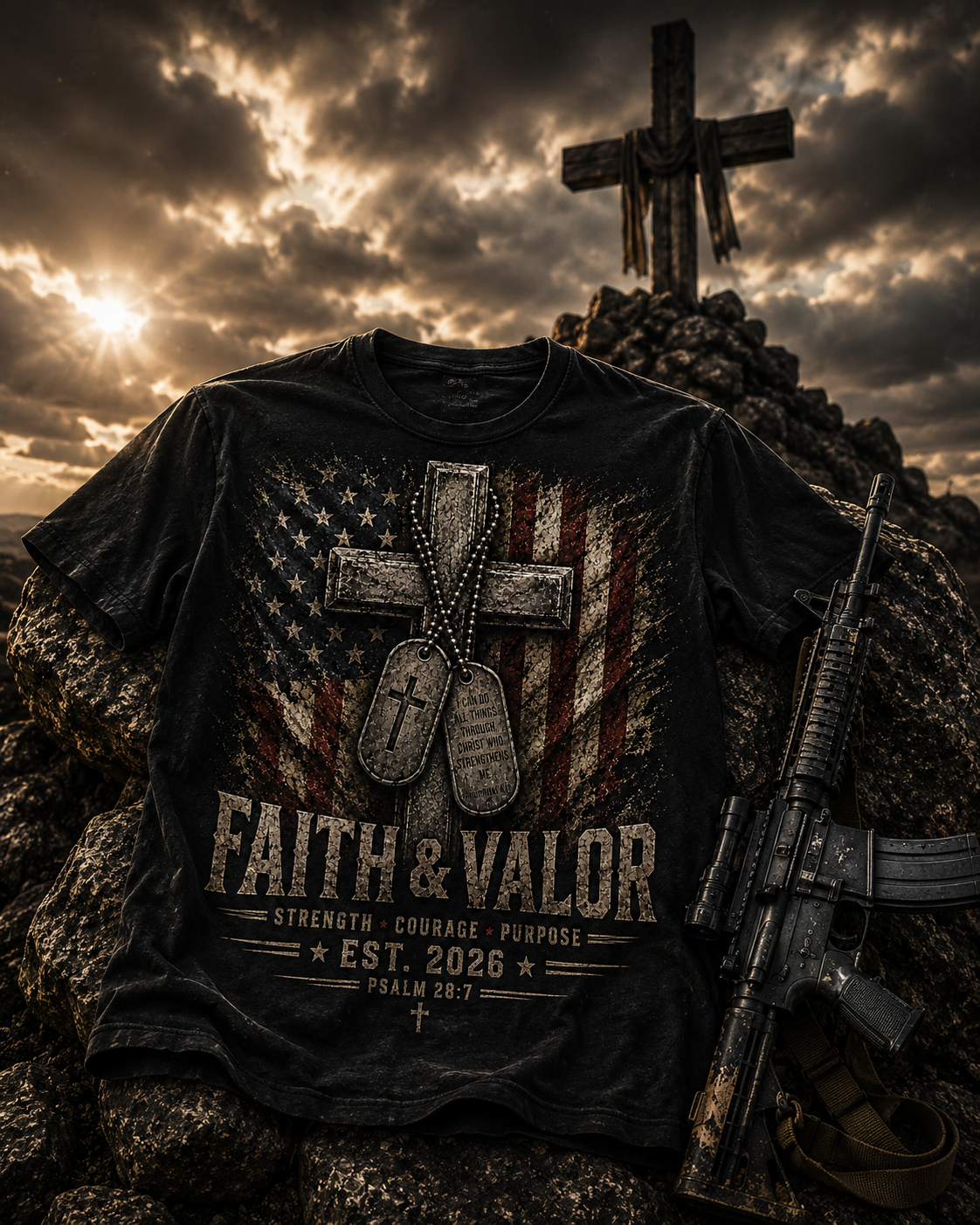 Faith & Valor T-Shirt — Cross, Dog Tags & American Flag Military Tee