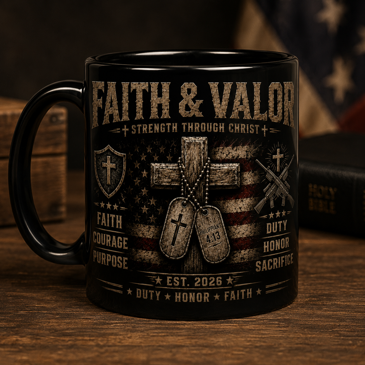 Faith & Valor Ceramic Mug — Christian Military Dog Tags Coffee Cup (11oz/15oz)