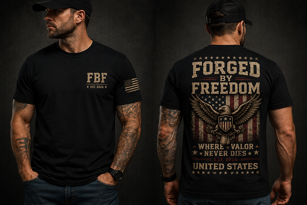 T-Shirt — Forged By Freedom Graphic Tee (Patriotic Eagle, "FBF" Est. 2020)