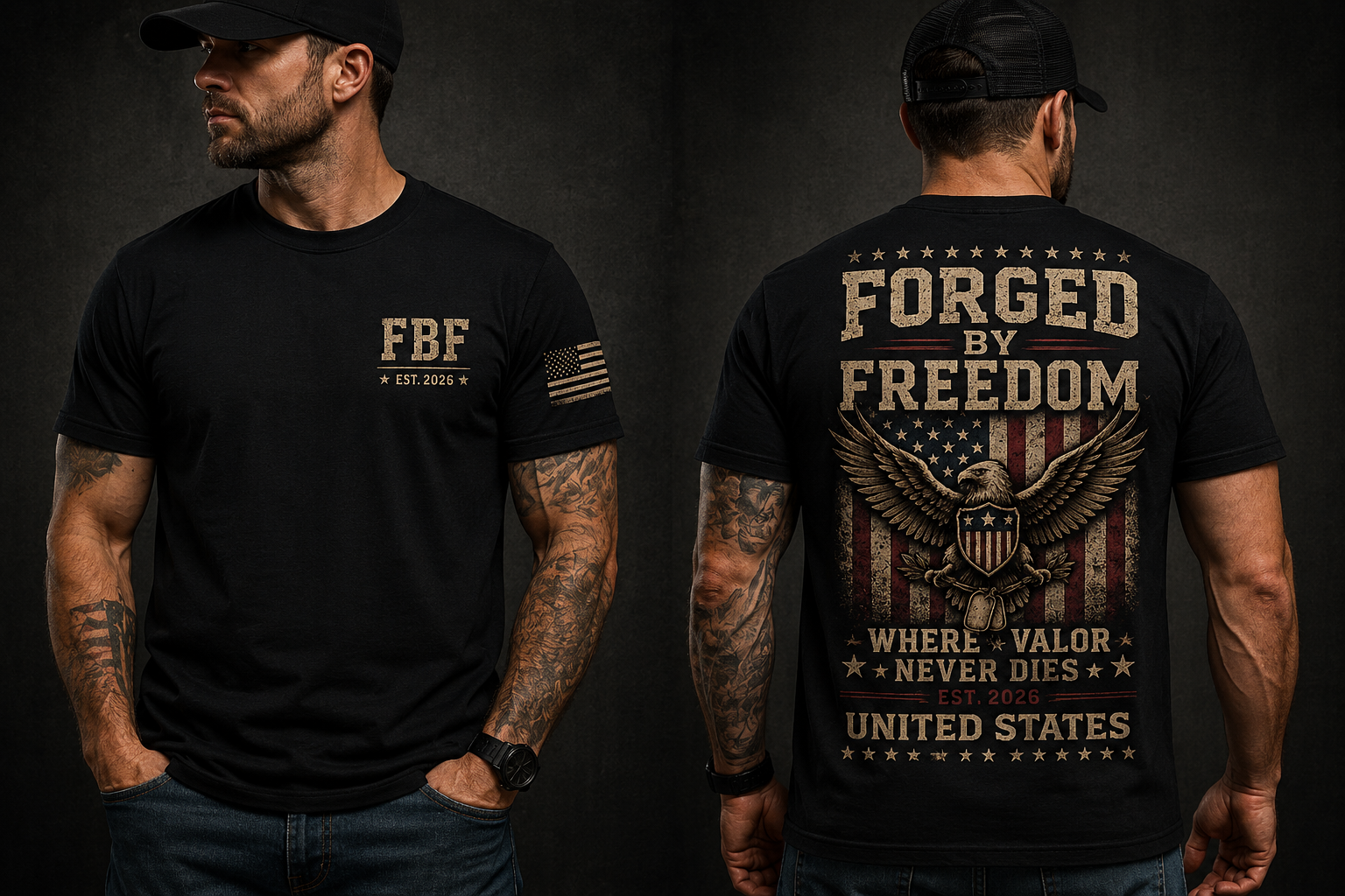 T-Shirt — Forged By Freedom Graphic Tee (Patriotic Eagle, "FBF" Est. 2020)