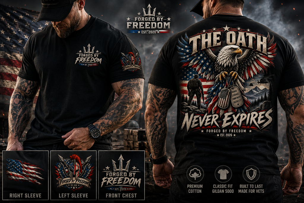 Forged by Freedom T-Shirt — "The Oath Never Expires" Patriotic Eagle Tee