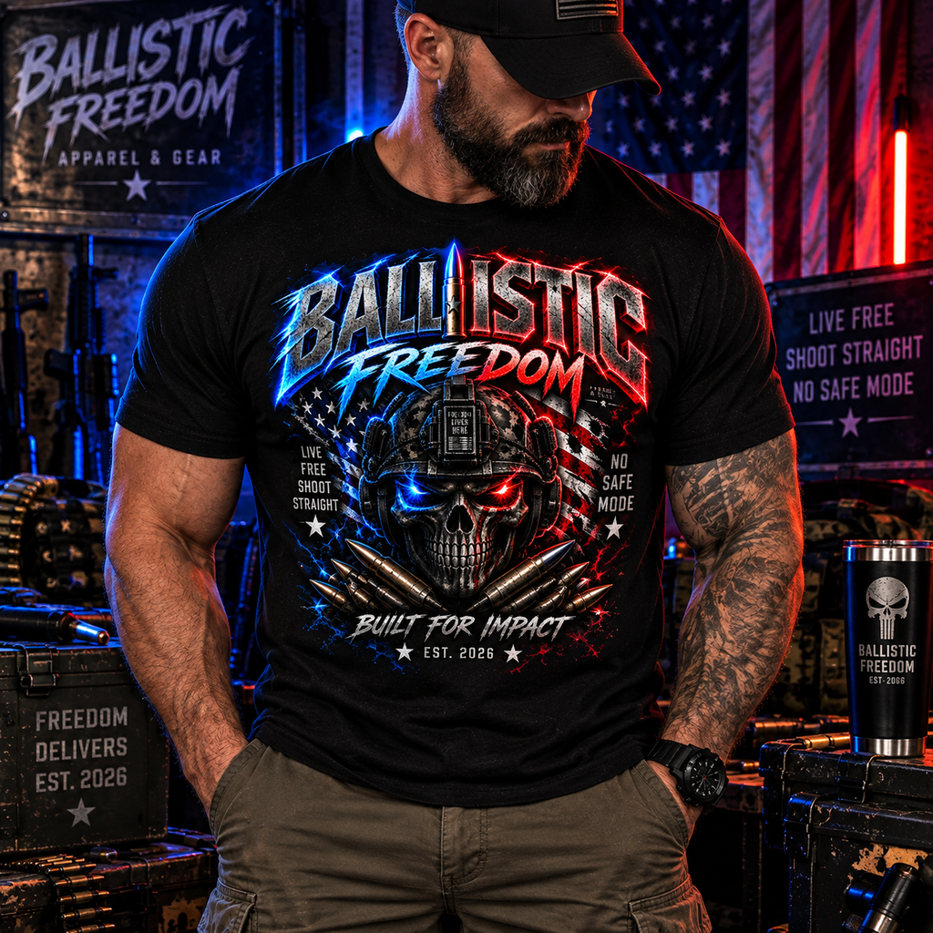 Ballistic Freedom T-Shirt — American Flag Skull Patriotic Tee