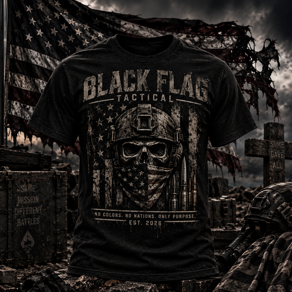 Black Flag Tactical Skull T-Shirt — Military Helmet Graphic Tee