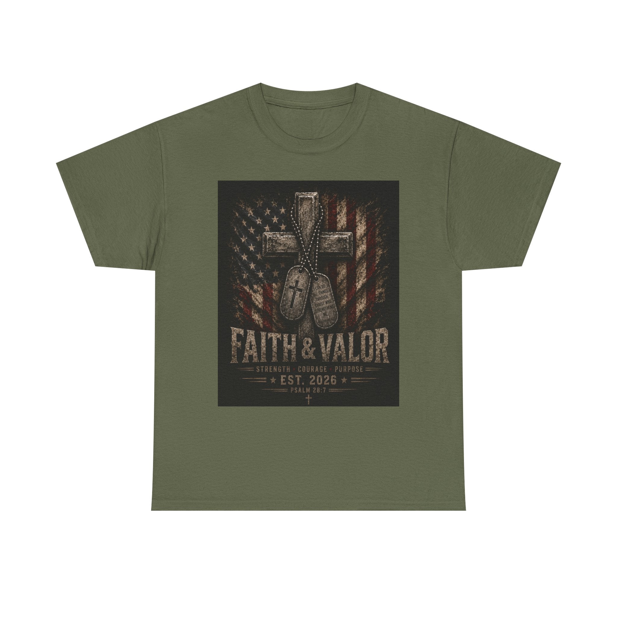 Faith & Valor T-Shirt — Cross, Dog Tags & American Flag Military Tee