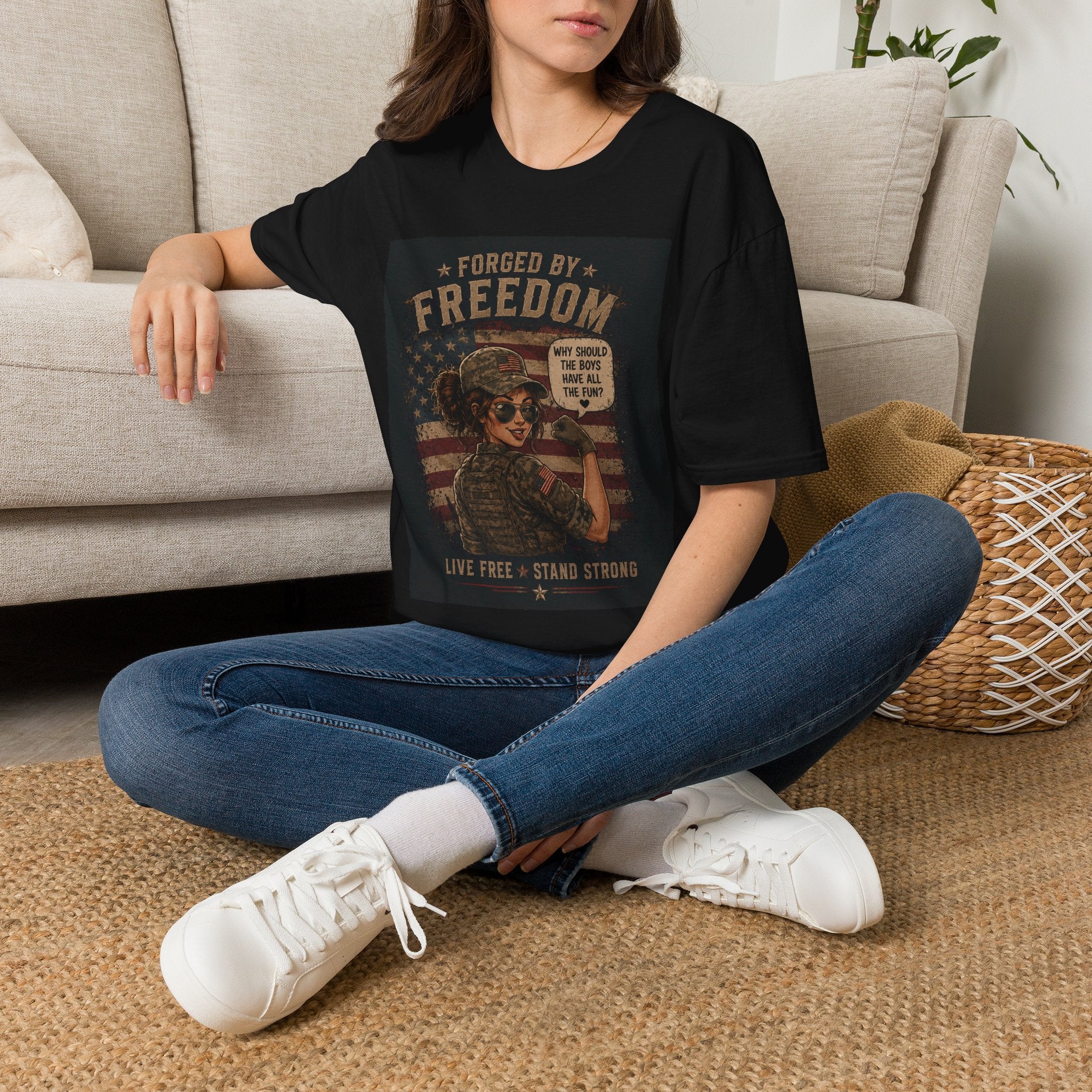 Forged by Freedom T-Shirt — Vintage Military Woman 'Why Should the Boys Have All the Fun?'
