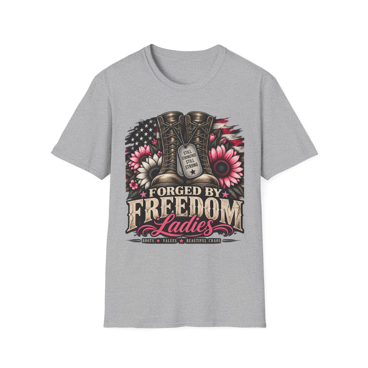 Forged by Freedom Ladies T-Shirt — Military Boots, Dog Tag & Flag Floral Tee