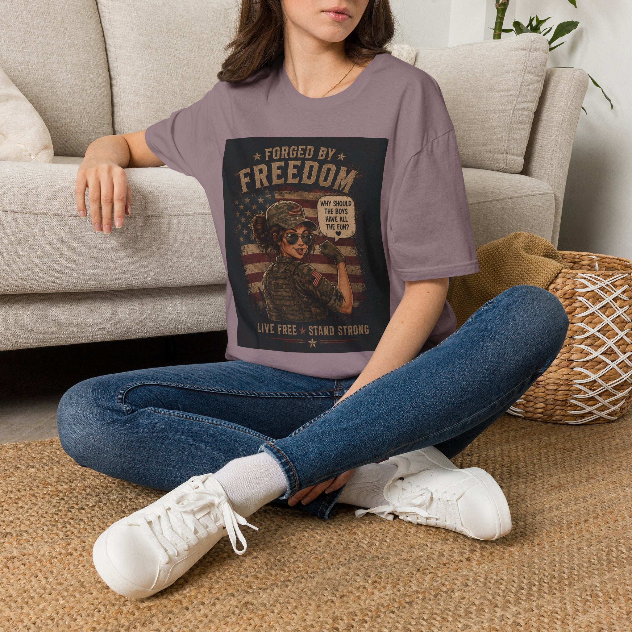 Forged by Freedom T-Shirt — Vintage Military Woman 'Why Should the Boys Have All the Fun?'