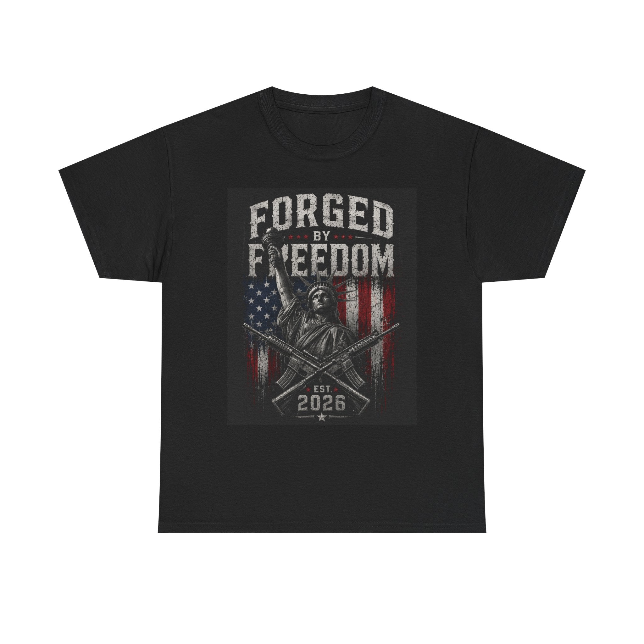Forged by Freedom T‑Shirt — Patriotic American Flag & Vintage Statue Design (Est. 2026)