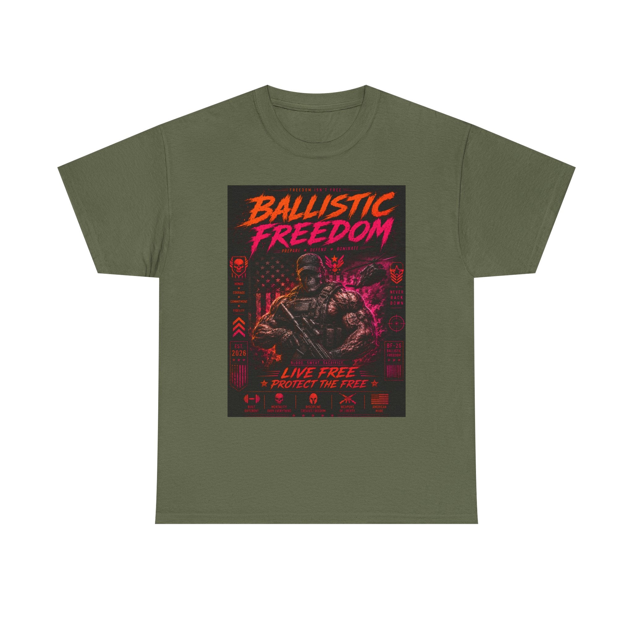 Ballistic Freedom Graphic Tee — "Live Free, Fight for Free" Military Retro Shirt