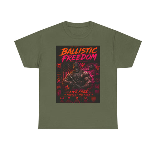 Ballistic Freedom Graphic Tee — "Live Free, Fight for Free" Military Retro Shirt