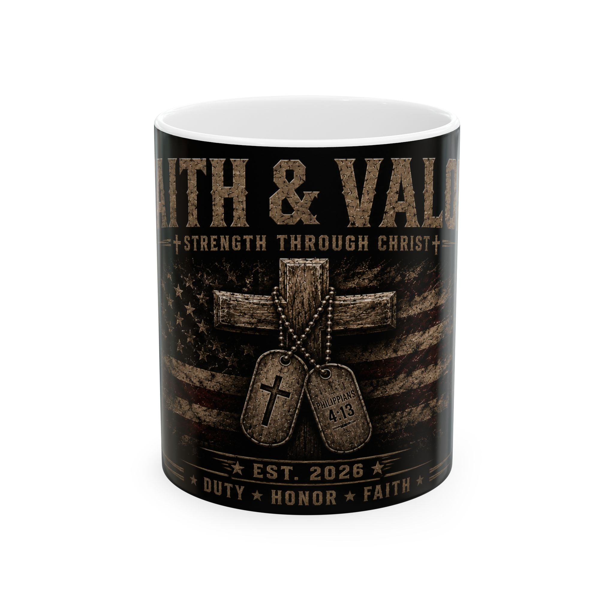 Faith & Valor Ceramic Mug — Christian Military Dog Tags Coffee Cup (11oz/15oz)