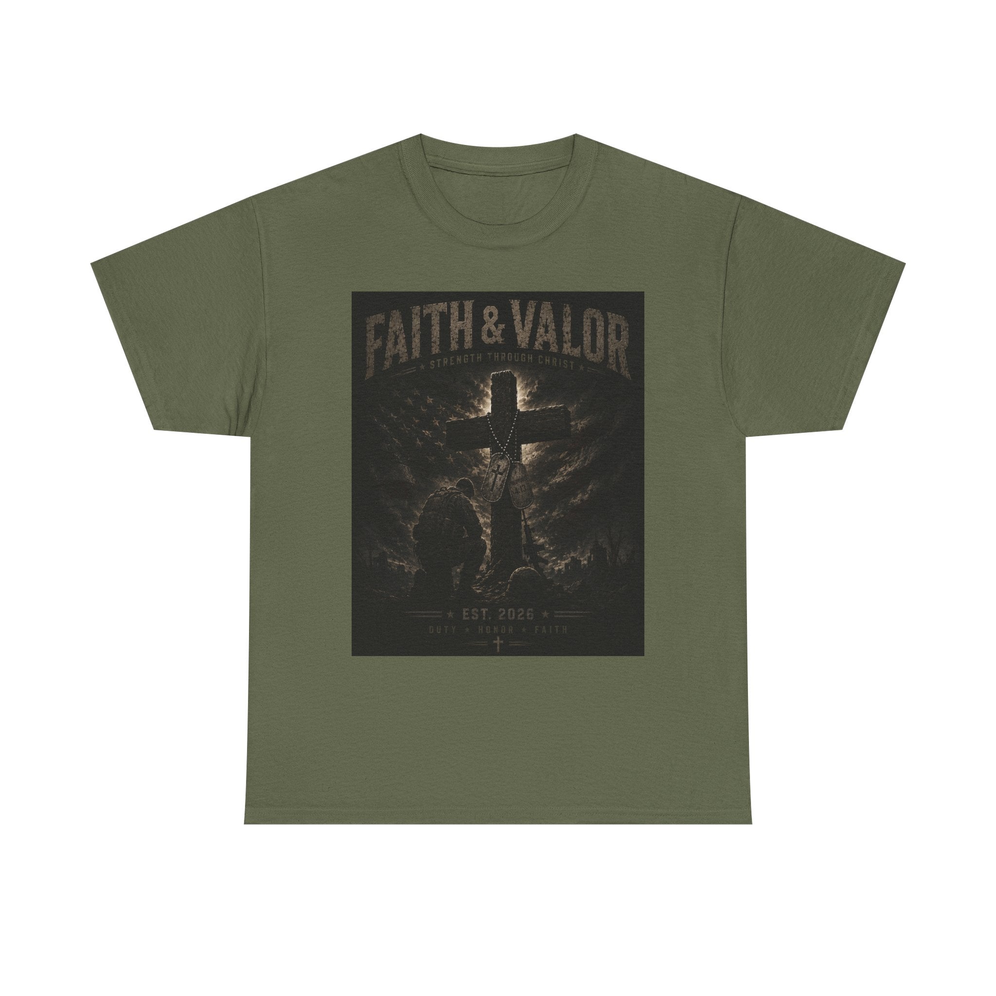 Faith & Valor T-Shirt — Christian Cross Graphic Tee for Men & Women