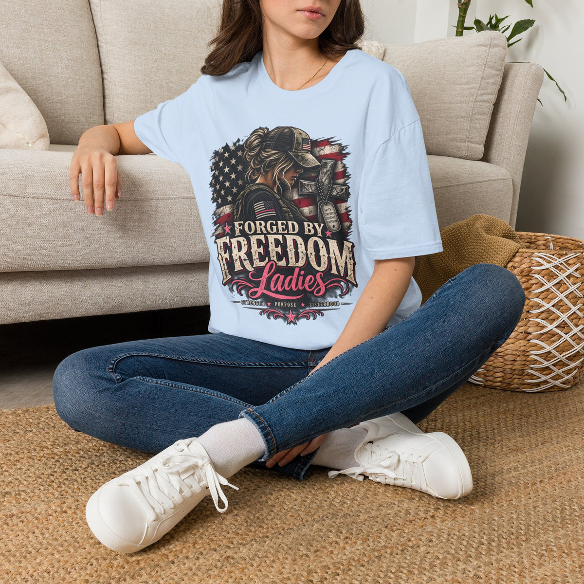 Forged By Freedom Ladies T-Shirt — Patriotic Female Mechanic USA Flag Tee
