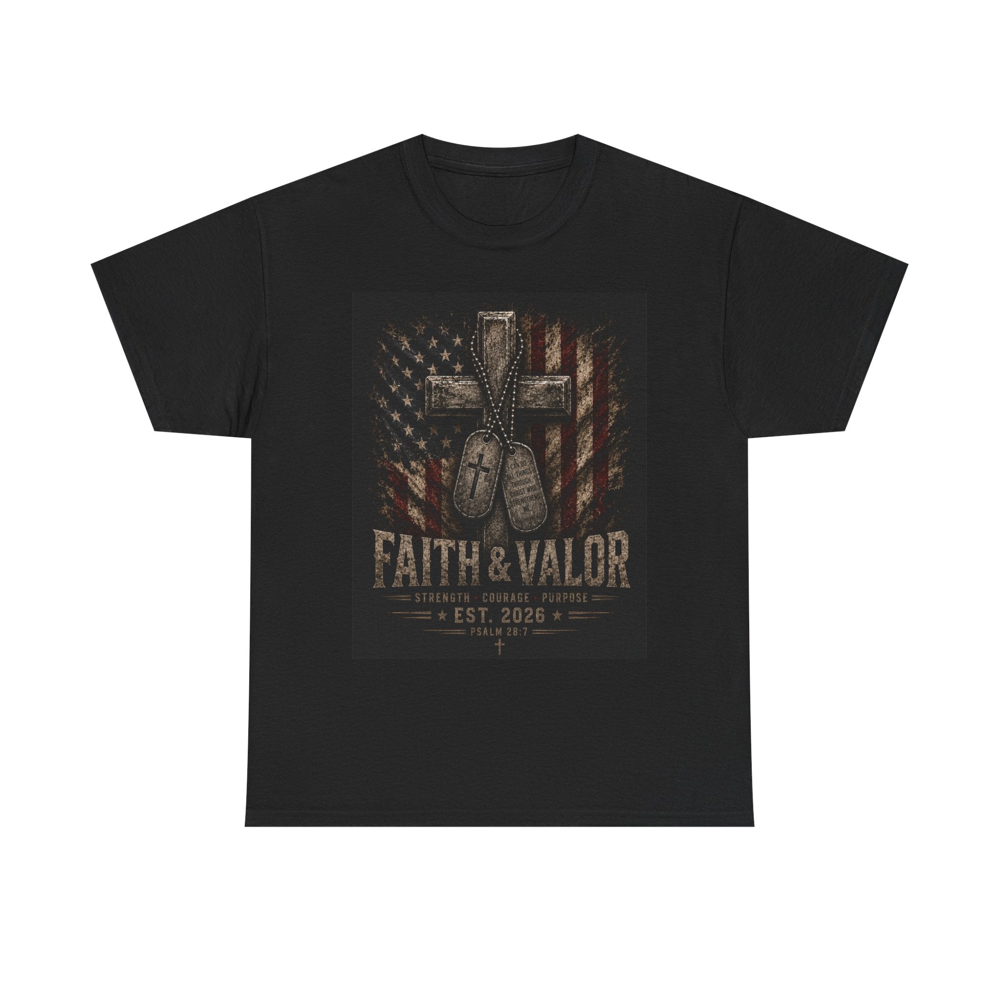 Faith & Valor T-Shirt — Cross, Dog Tags & American Flag Military Tee