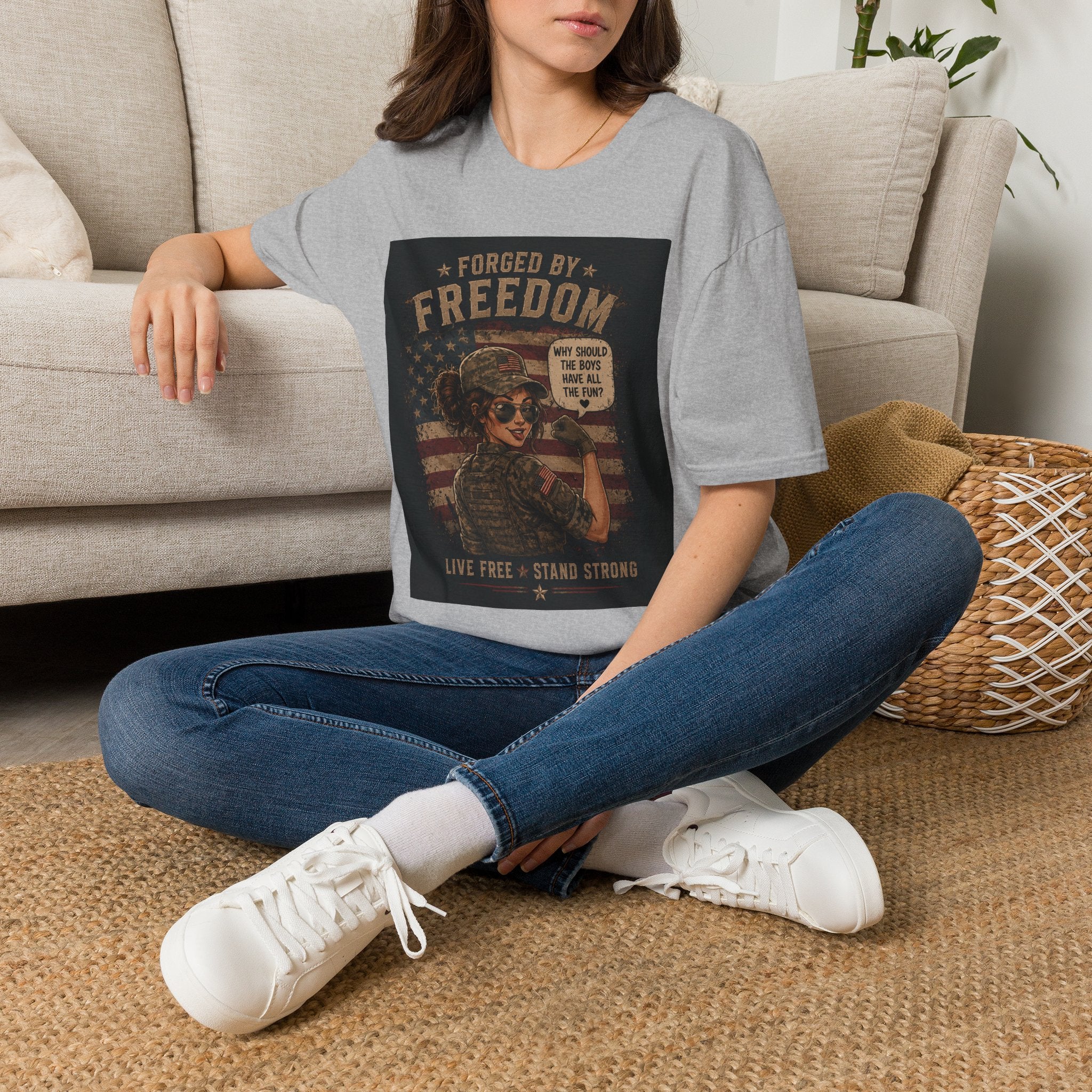Forged by Freedom T-Shirt — Vintage Military Woman 'Why Should the Boys Have All the Fun?'