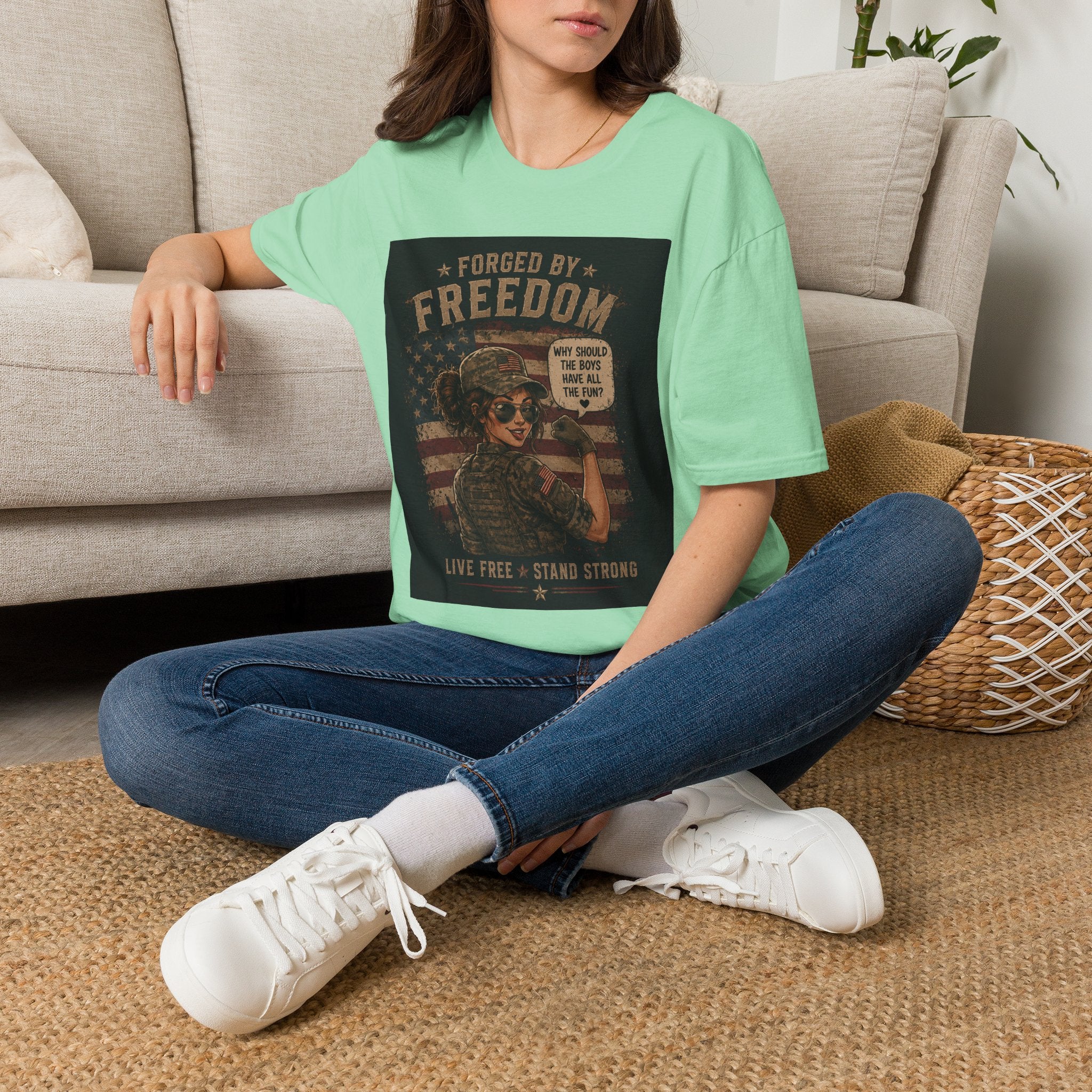 Forged by Freedom T-Shirt — Vintage Military Woman 'Why Should the Boys Have All the Fun?'